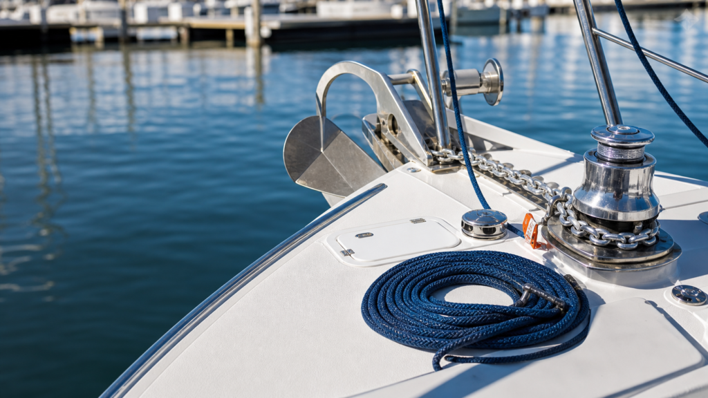 Boat bow with generic anchor, chain, roller, windlass hardware, and rope rode.