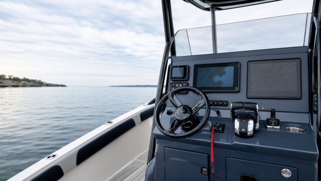 Three generic navigation displays arranged at a boat helm.