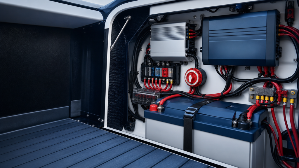 Clean marine electrical compartment with battery, charger, inverter, and protected wiring.