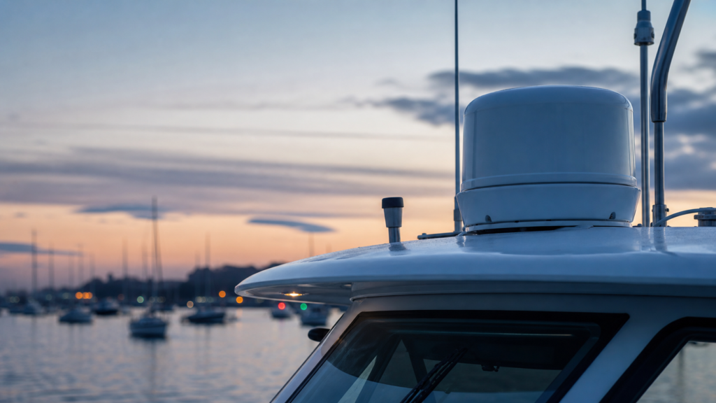 Generic marine radar dome mounted on a boat hardtop above a harbor.