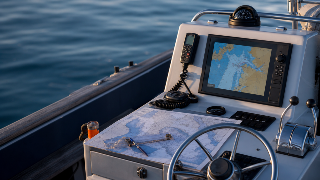 Marine helm with a navigation display, chart, compass, and VHF microphone.