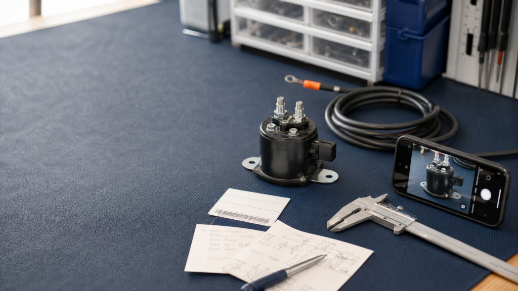 Generic marine part, measuring tools, and phone camera on a clean service bench.