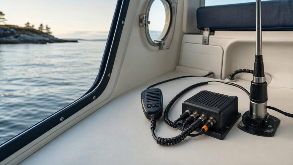 Generic VHF microphone, antenna base, and communication module arranged on a boat chart table.